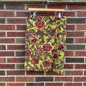 LOFT Off Green and Red Floral Pattern Tapestry Material Pencil Skirt